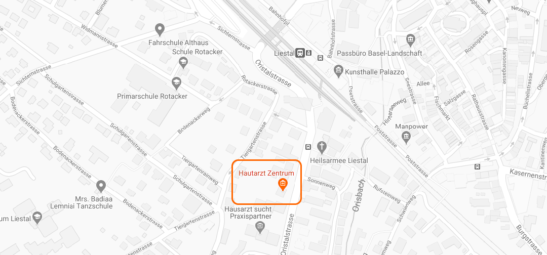 Lage des Hautarzt Zentrums in Liestal im Oristal Lage des Hautarzt Zentrums in Liestal im Oristal